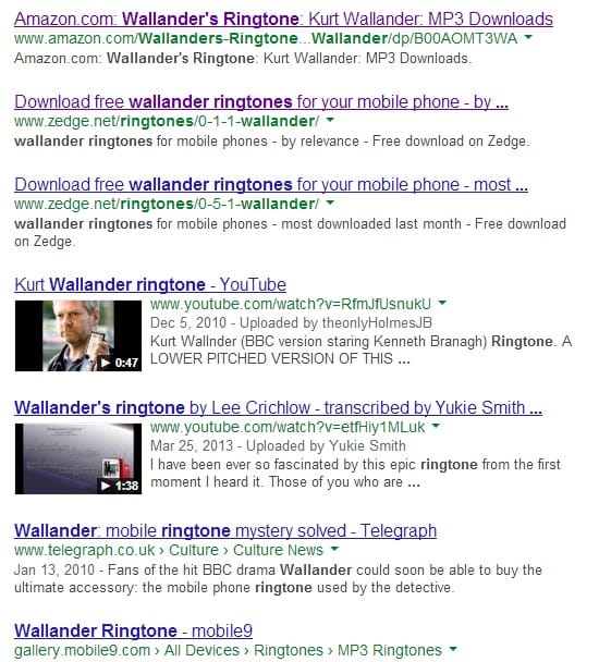 Screenshot of a Google search for "Wallander ringtone"