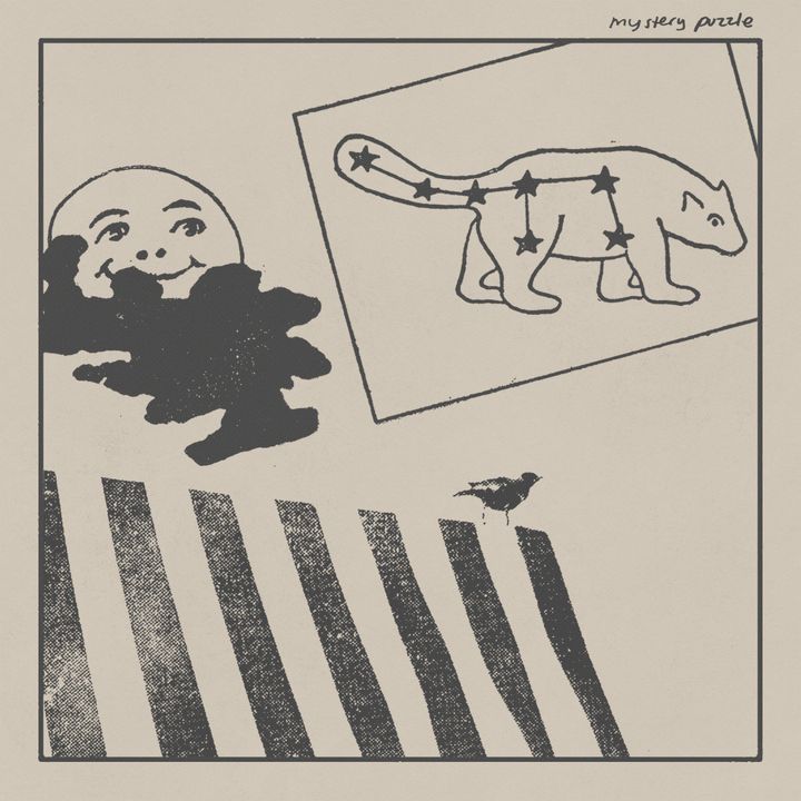 Album cover with a tan background and black illustrations of a smiling moon, a bird on a fence, and the big dipper constellat